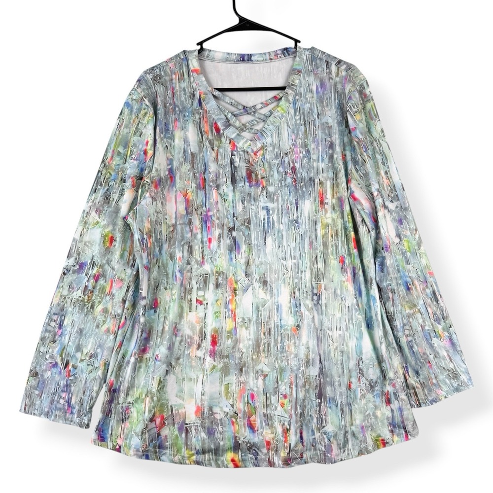 Women Abstract Digital Print V-Neck Lattice Top XXL Long Sleeve 597-YH0001